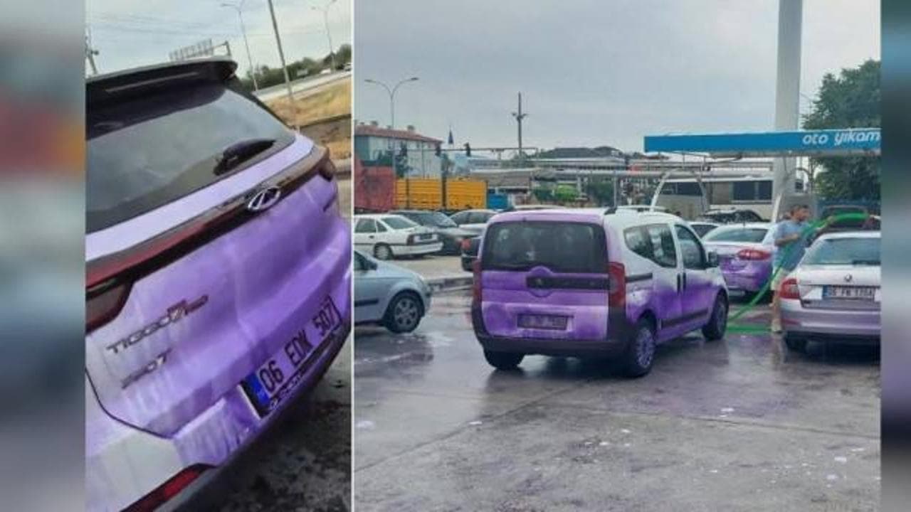 Afyonkarahisar'da kimyasal boya kabusu: Sürücülerin araçları mor renge boyandı