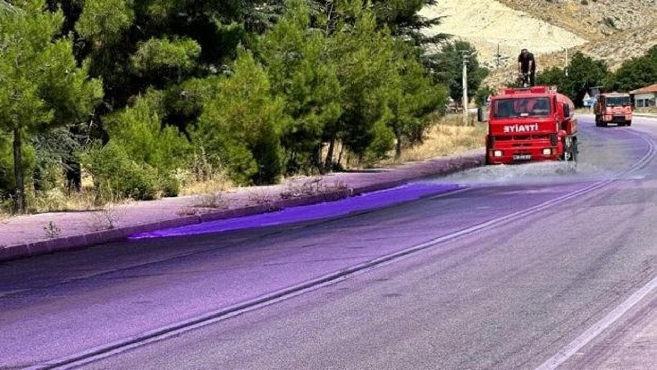 Tırdan dökülen boya yolu mor renge boyadı: Sürücüler oto yıkamacılara koştu